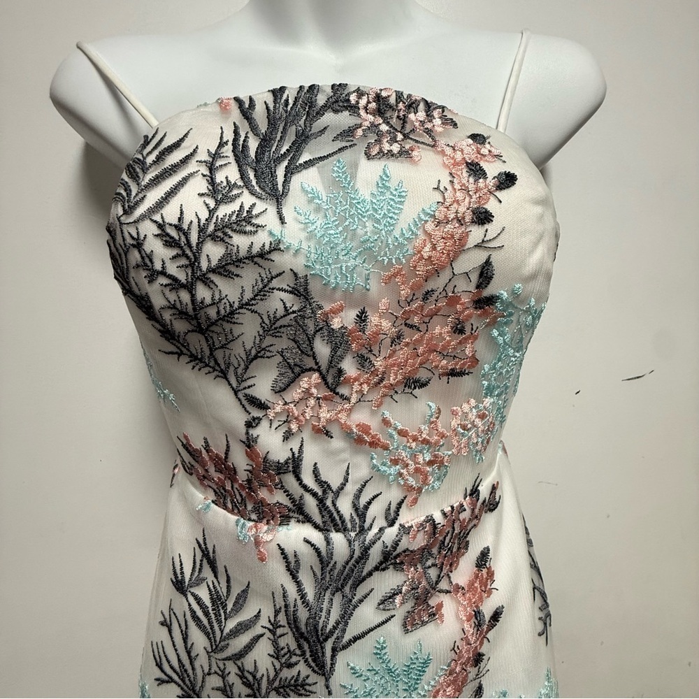 Nicole Miller NY Cocktail Dress Sheer Mesh Embroidered Aqua Mist Coral White - Picture 3 of 10